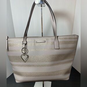 Kate Spade Glitter Stripe Lavender Tote Bag – Saffiano Leather, Zip Top
